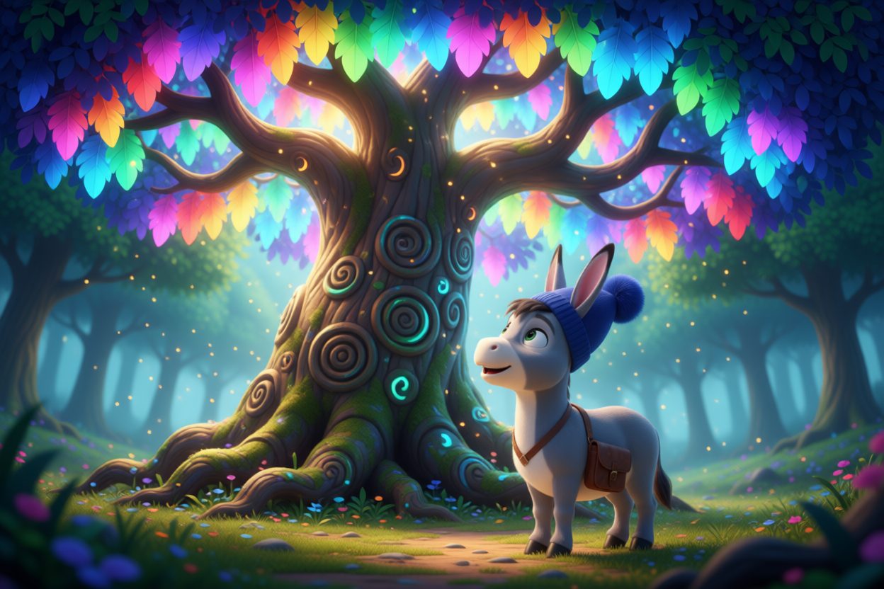 Nico staunt vor dem Zauberbaum mit Regenbogenblättern