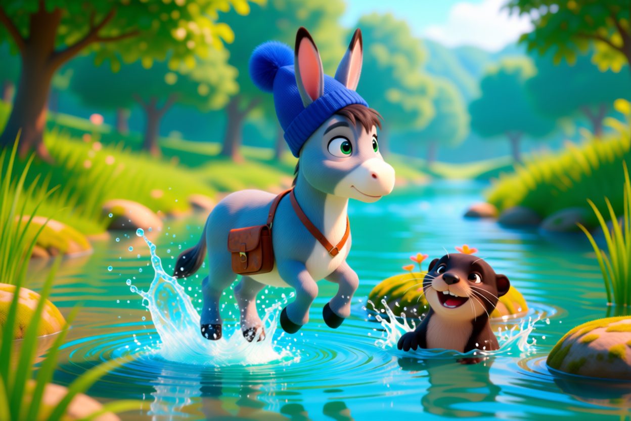 Nico springt mit allen vier Hufen in den Fluss, Olli der Otter lacht